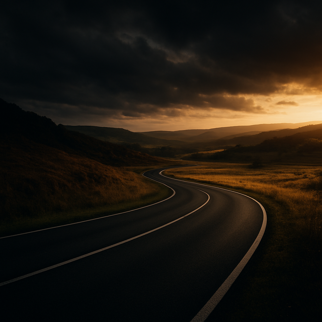 Kurvige Straße bei Sonnenuntergang
